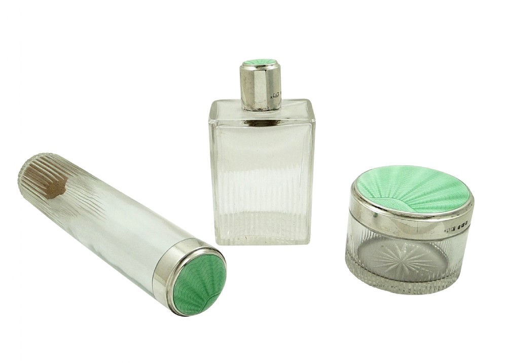 Set of 3 Antique Sterling Silver & Green Enamel Top Vanity Jars 1937 View XI