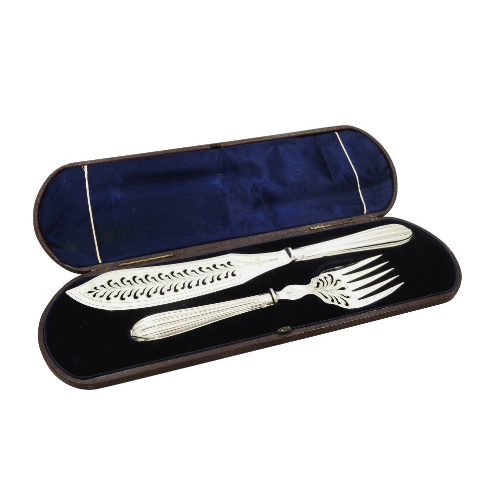 Pair of Antique Victorian Sterling Silver Fish Servers in Case 1863