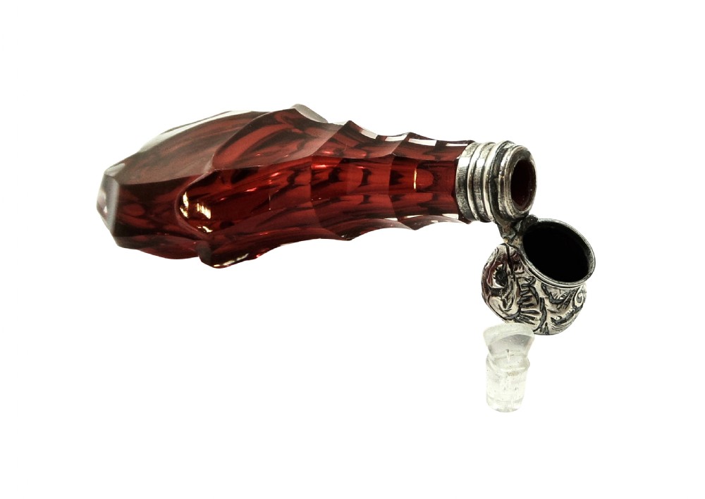 Antique Silver & Cranberry Glass Perfume / Scent Bottle c1880 View II