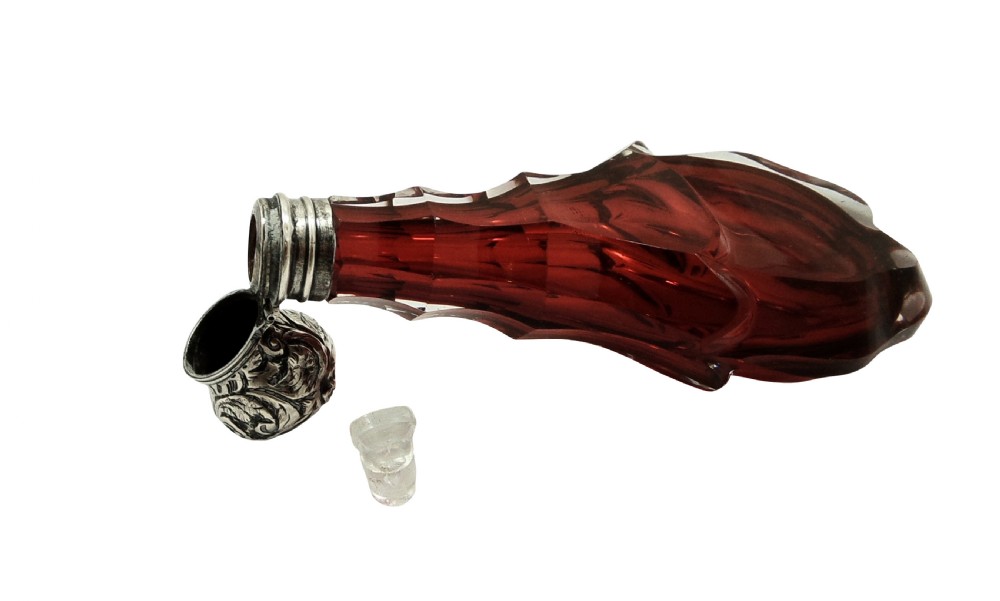 Antique Silver & Cranberry Glass Perfume / Scent Bottle c1880 View III