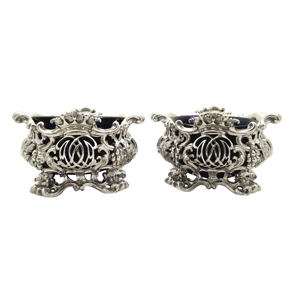 Large Pair of Antique Victorian Sterling Silver Salts with Liners 1843