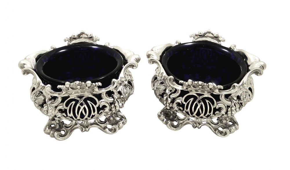 Large Pair of Antique Victorian Sterling Silver Salts with Liners 1843 View IV