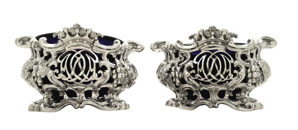 Large Pair of Antique Victorian Sterling Silver Salts with Liners 1843 View VI