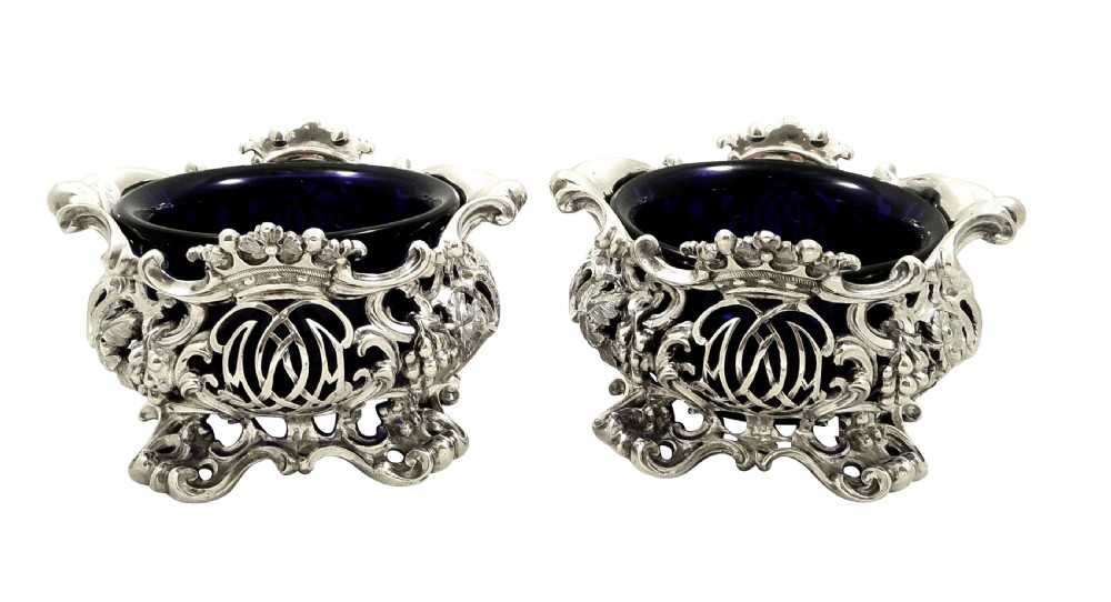 Large Pair of Antique Victorian Sterling Silver Salts with Liners 1843 View VII