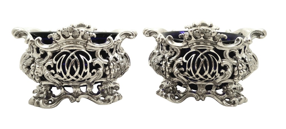 Large Pair of Antique Victorian Sterling Silver Salts with Liners 1843 View X