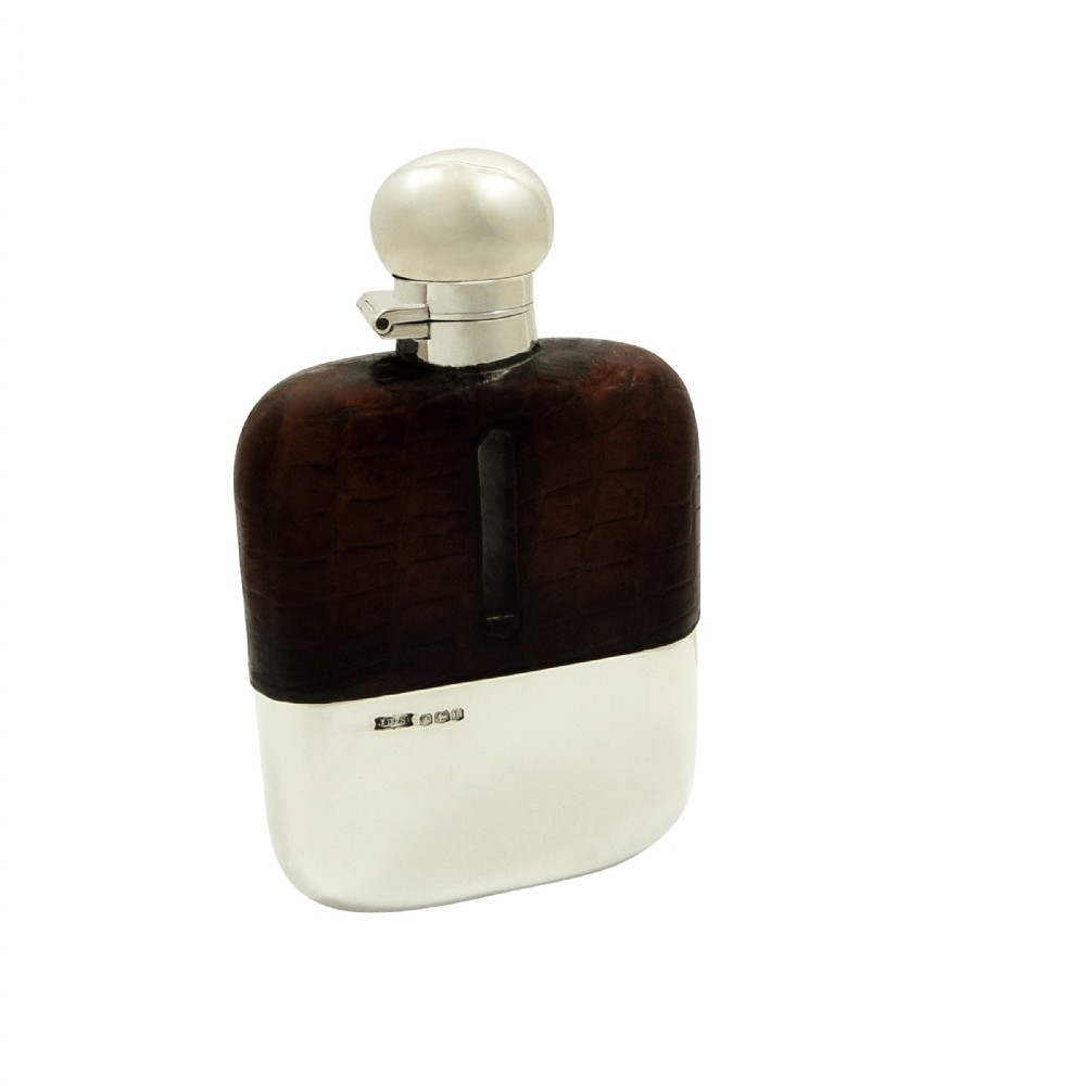 Antique Sterling Silver & Crocodile Leather Hip Flask 1928