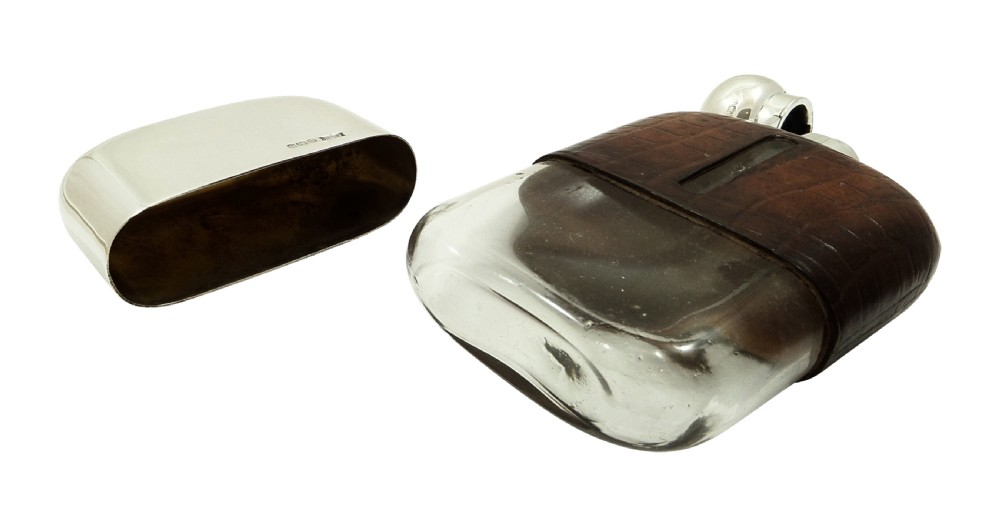Antique Sterling Silver & Crocodile Leather Hip Flask 1928 View IV