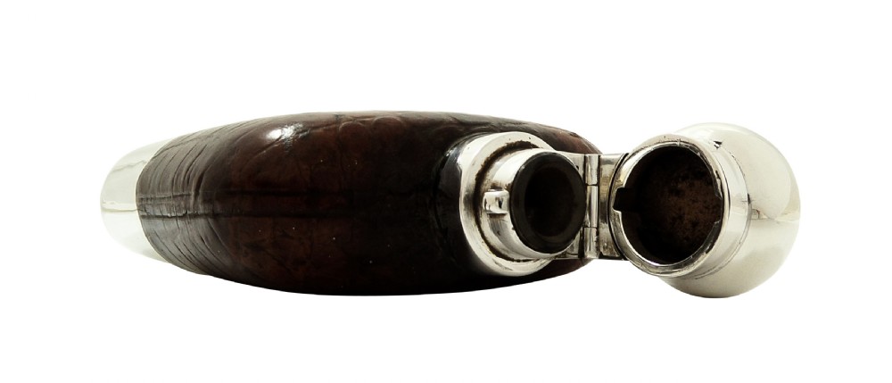 Antique Sterling Silver & Crocodile Leather Hip Flask 1928 View V