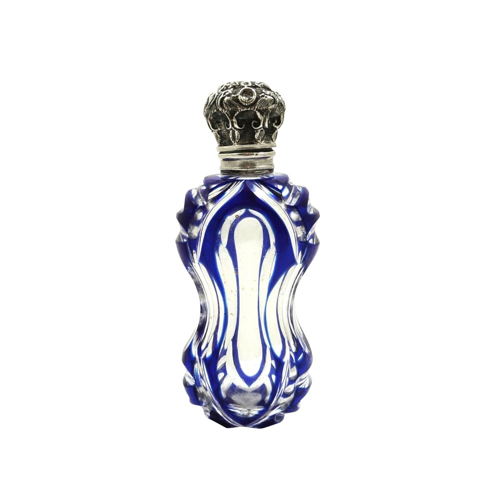Antique Silver & Blue Overlay Cut Glass Perfume / Scent Bottle c1890