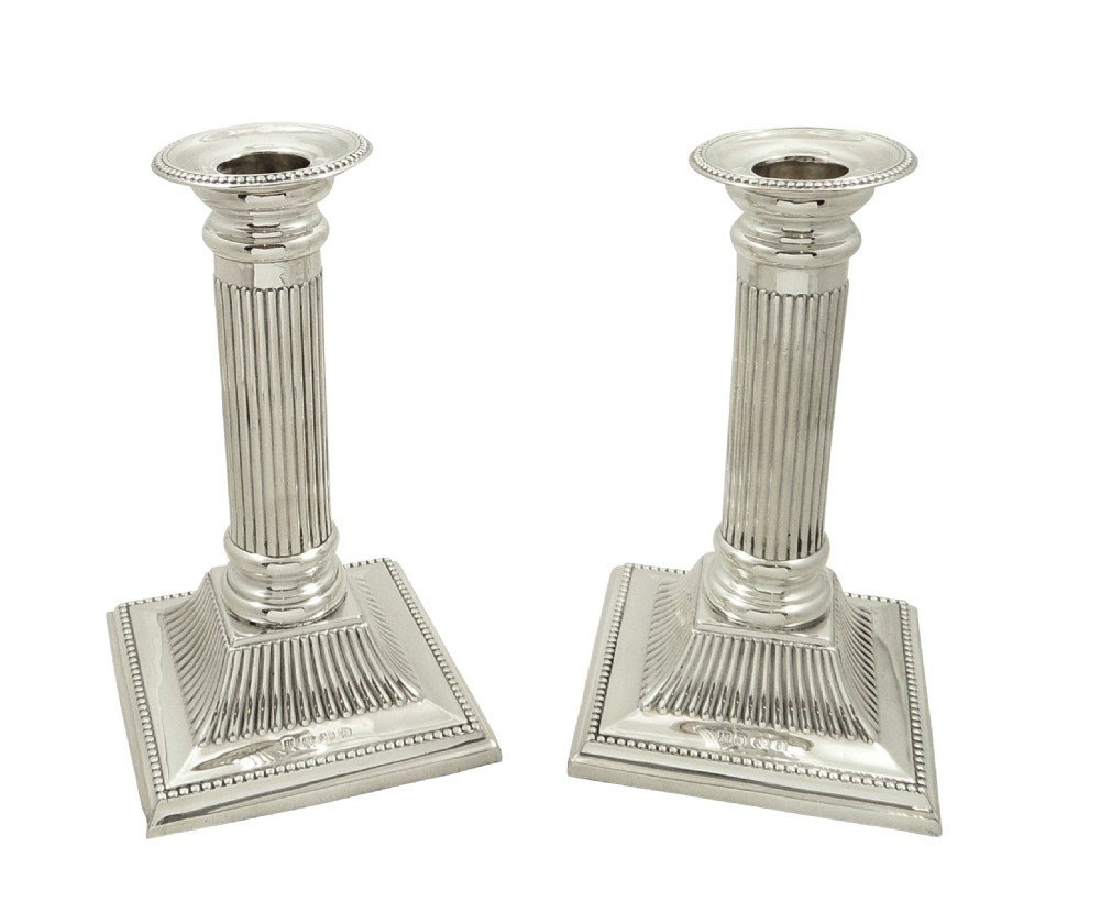 Pair of Antique Edwardian Sterling Silver Candlesticks in Case 1903 View II