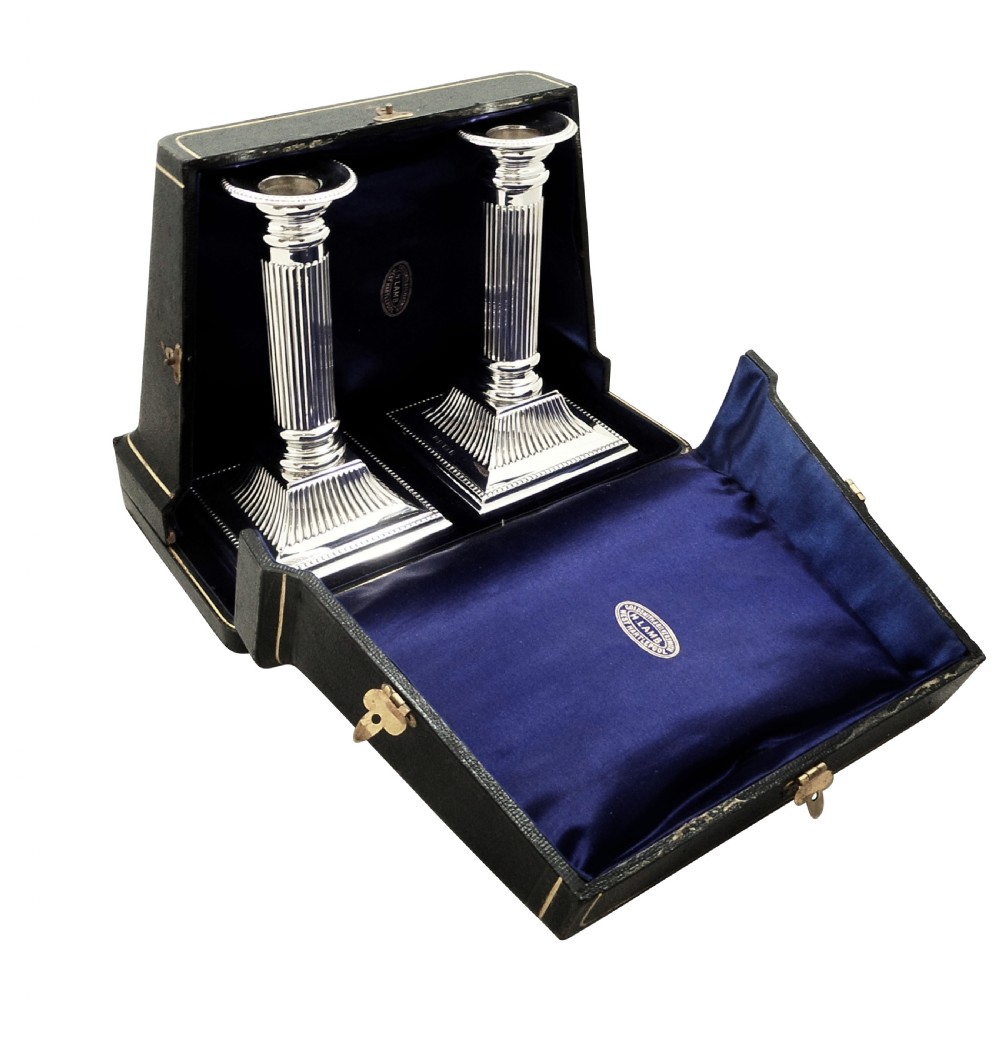 Pair of Antique Edwardian Sterling Silver Candlesticks in Case 1903 View XI