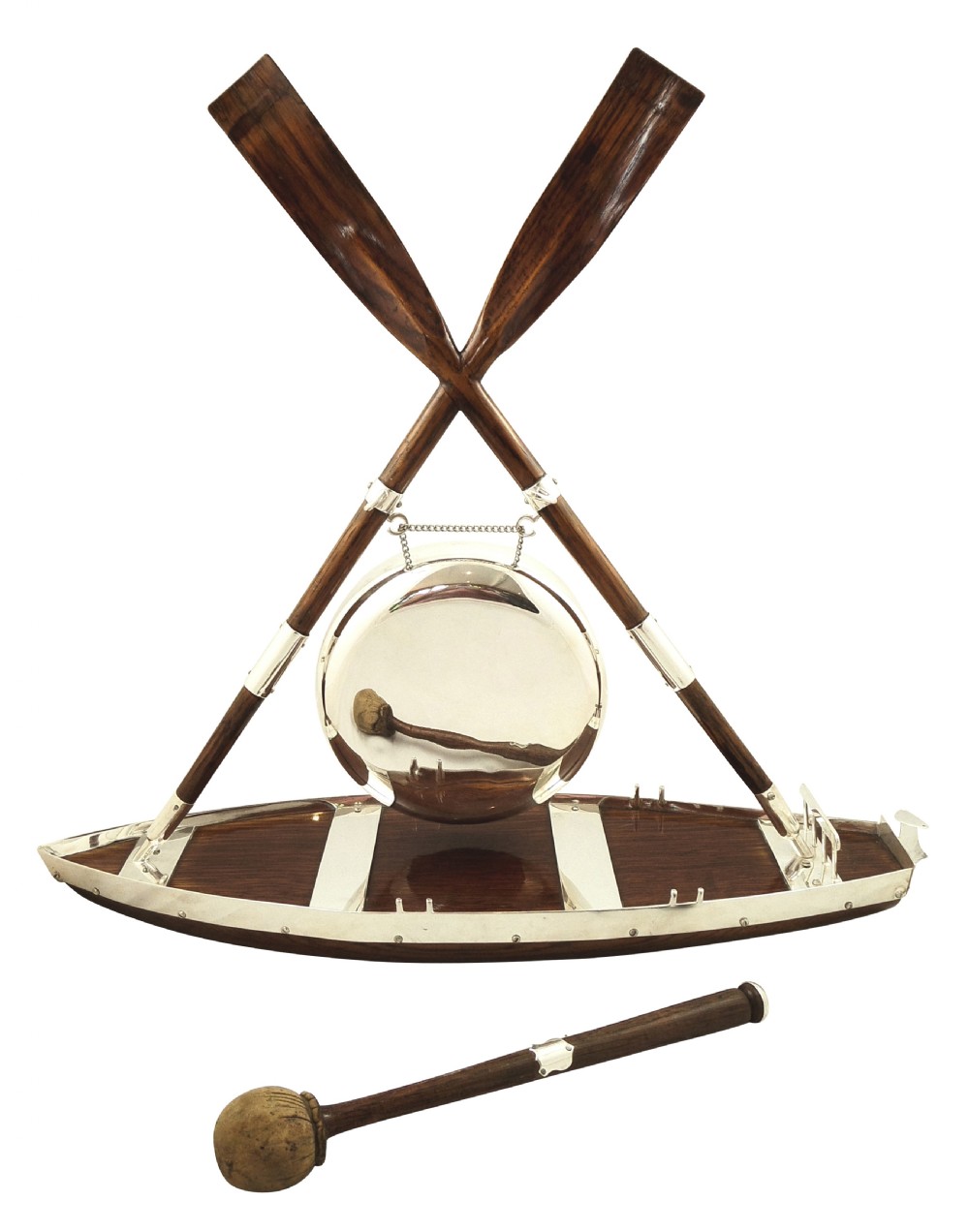 Antique Victorian Oak & Silver Plated Boat Dinner Gong c1885 View X