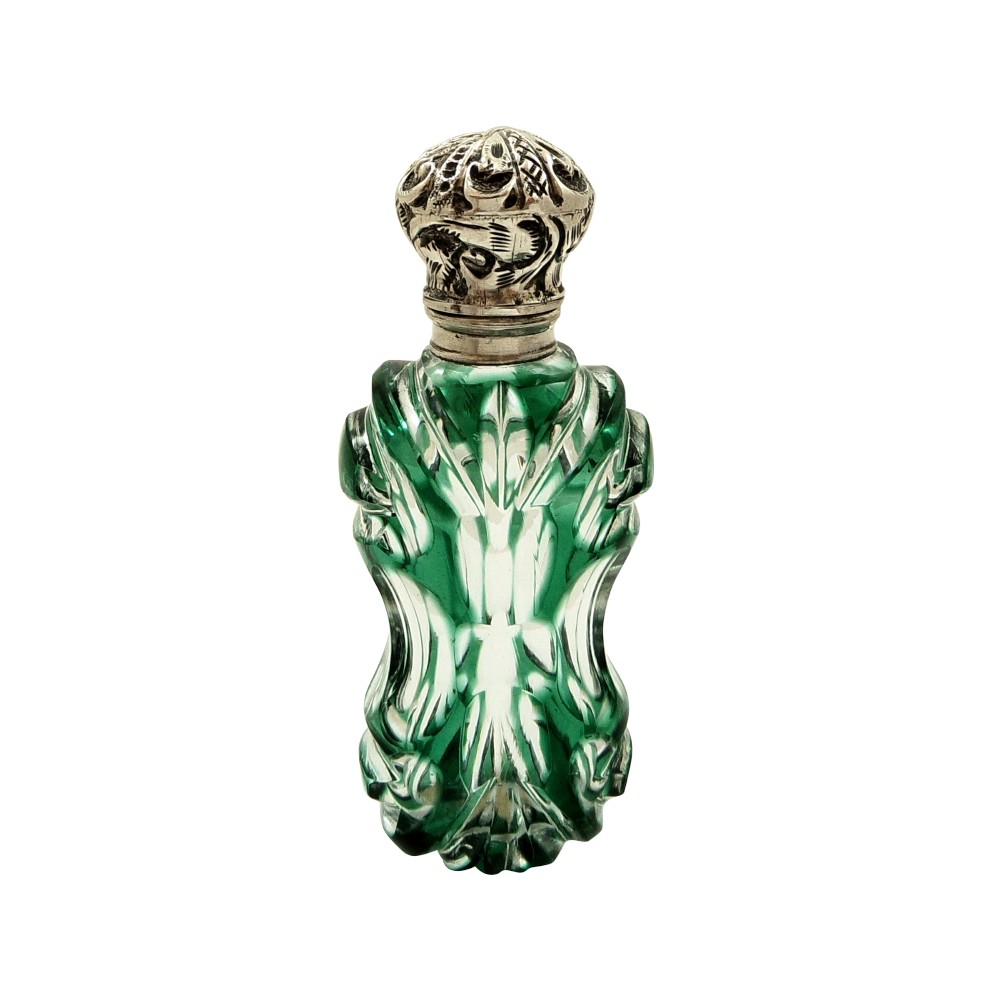 Antique Silver & Green Overlay Cut Glass Perfume / Scent Bottle c1890
