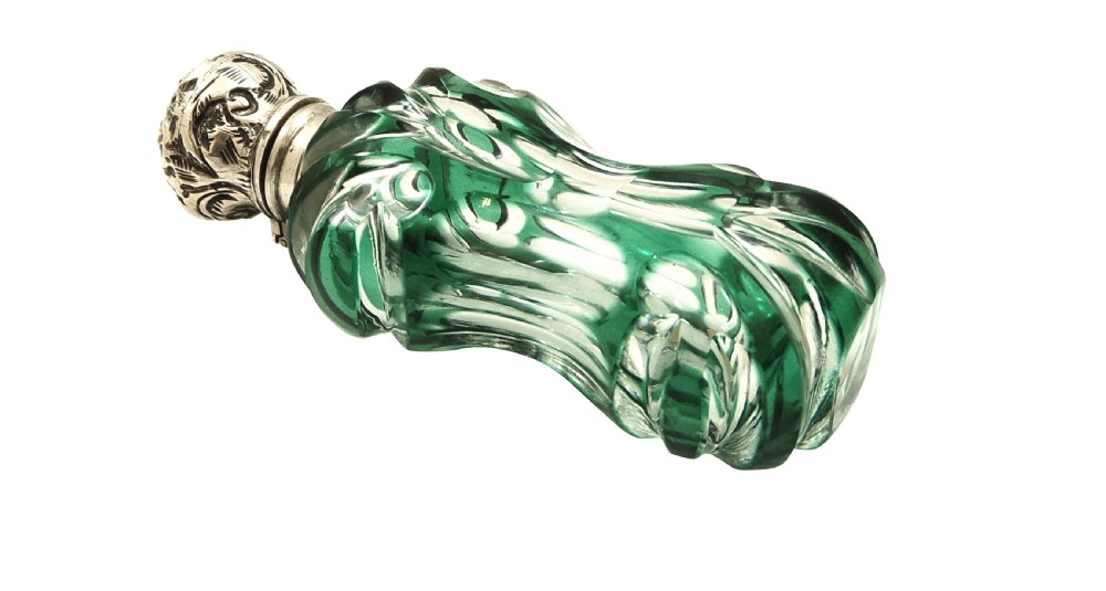 Antique Silver & Green Overlay Cut Glass Perfume / Scent Bottle c1890 View V