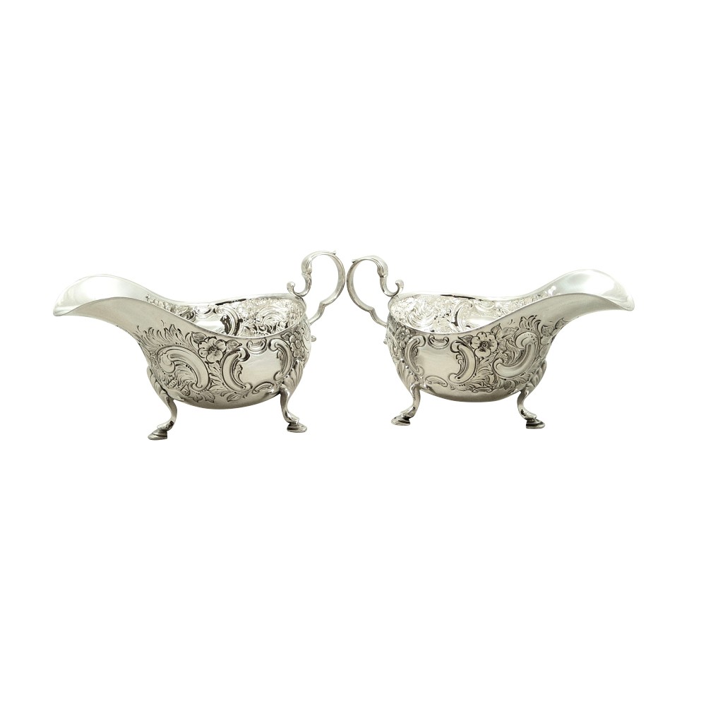 Pair of Antique Sterling Silver Sauce Boats / Gravy Jugs 1912