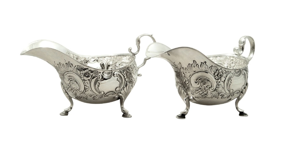 Pair of Antique Sterling Silver Sauce Boats / Gravy Jugs 1912 View III