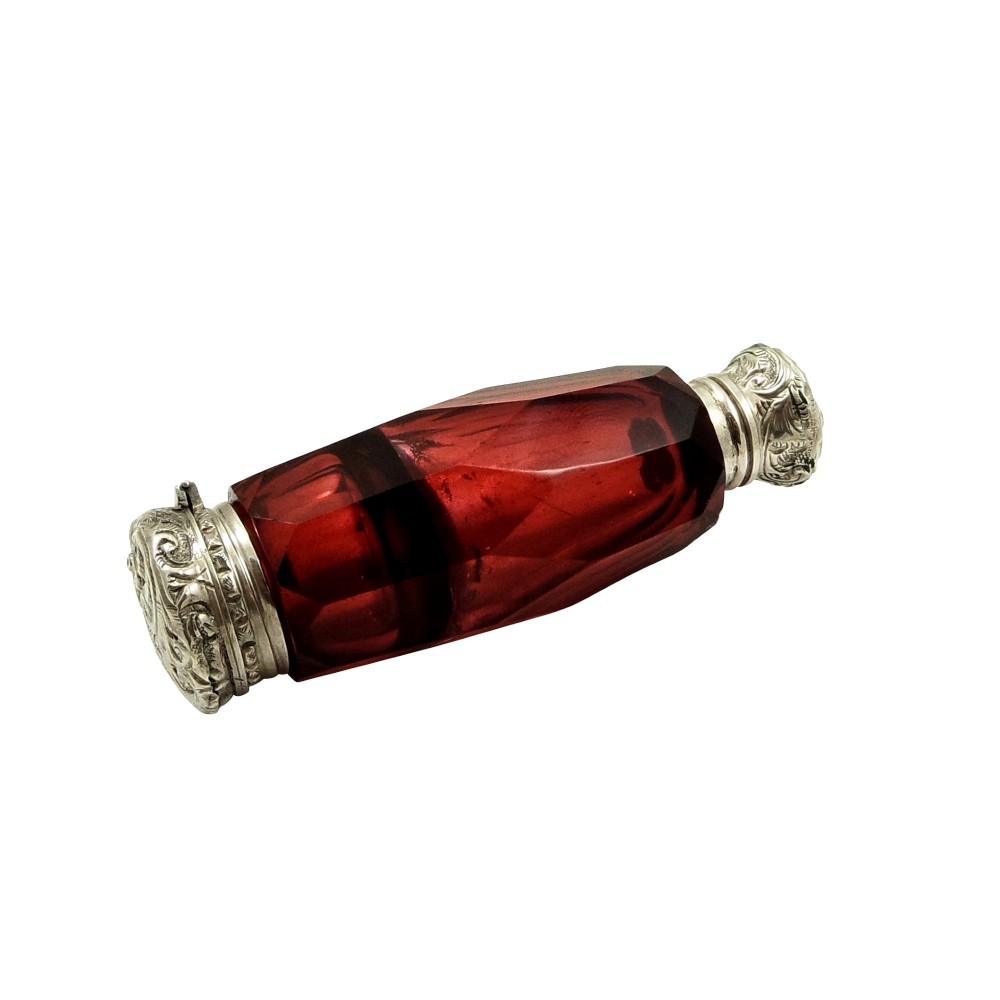 Antique Silver & Cranberry Glass Perfume & Vinaigrette Bottle c1890