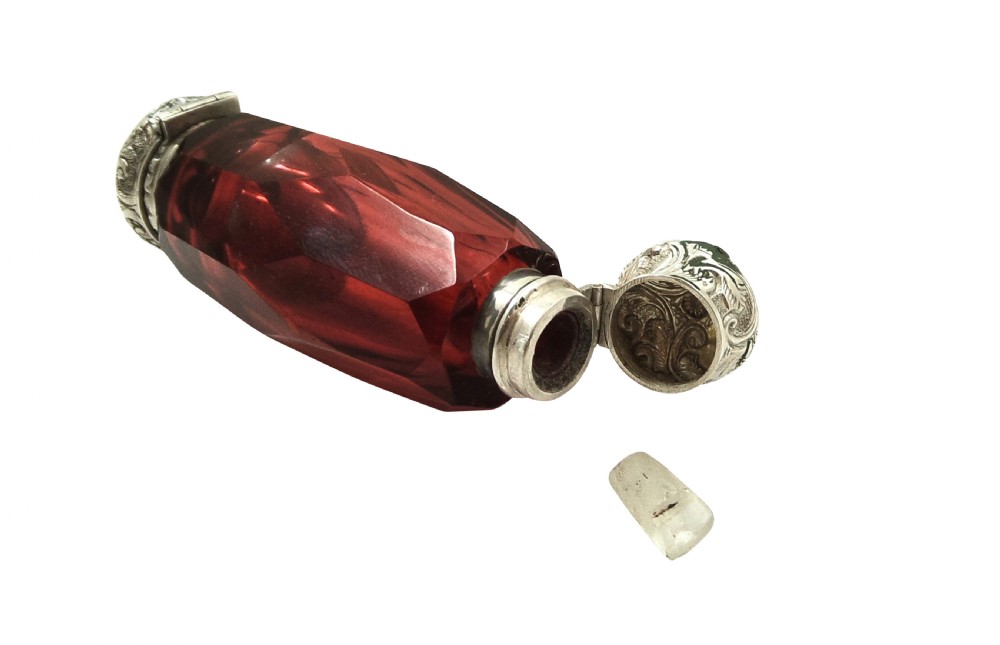 Antique Silver & Cranberry Glass Perfume & Vinaigrette Bottle c1890 View IV