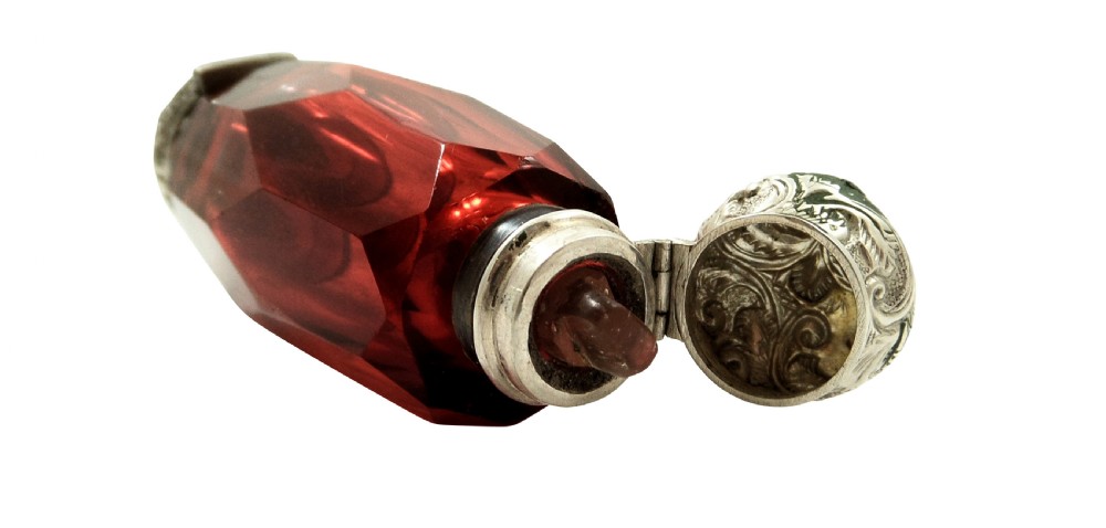 Antique Silver & Cranberry Glass Perfume & Vinaigrette Bottle c1890 View V