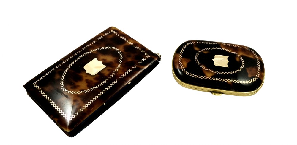 Antique French Tortoiseshell with Gold Pique Coin Purse & Aide Memoire in Case c1850 View II