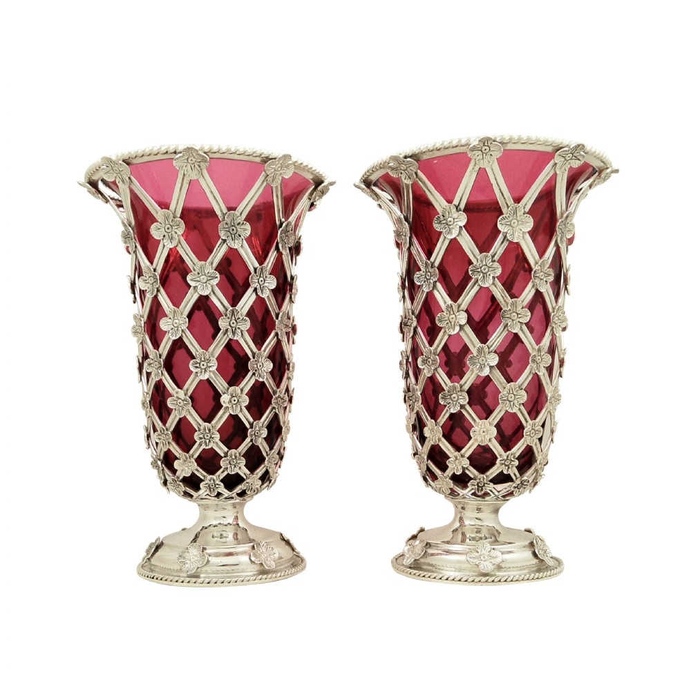 Pair of Antique Sterling Silver Vases with Cranberry Glass Liners 1910