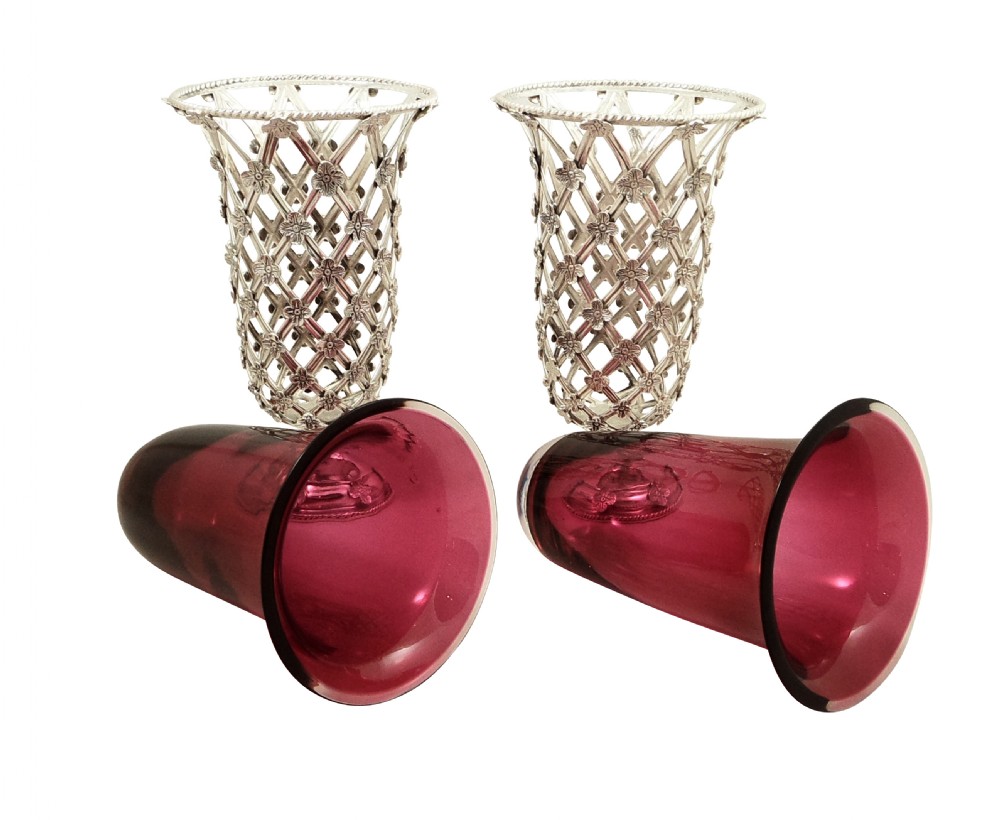 Pair of Antique Sterling Silver Vases with Cranberry Glass Liners 1910 View II