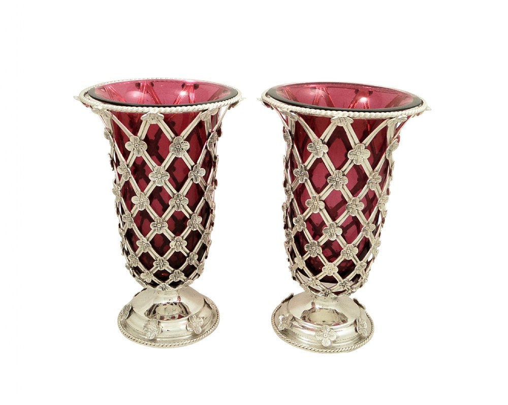 Pair of Antique Sterling Silver Vases with Cranberry Glass Liners 1910 View V