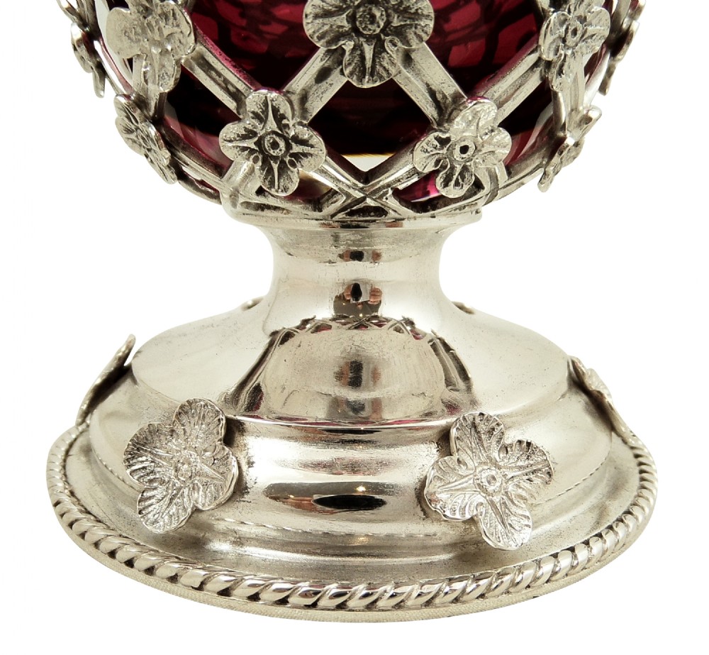 Pair of Antique Sterling Silver Vases with Cranberry Glass Liners 1910 View VII
