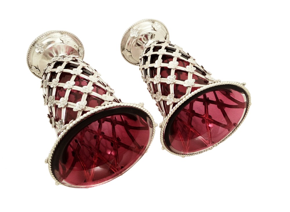 Pair of Antique Sterling Silver Vases with Cranberry Glass Liners 1910 View X