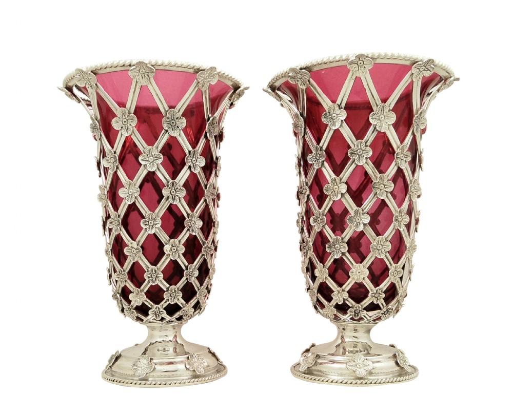 Pair of Antique Sterling Silver Vases with Cranberry Glass Liners 1910 View XI