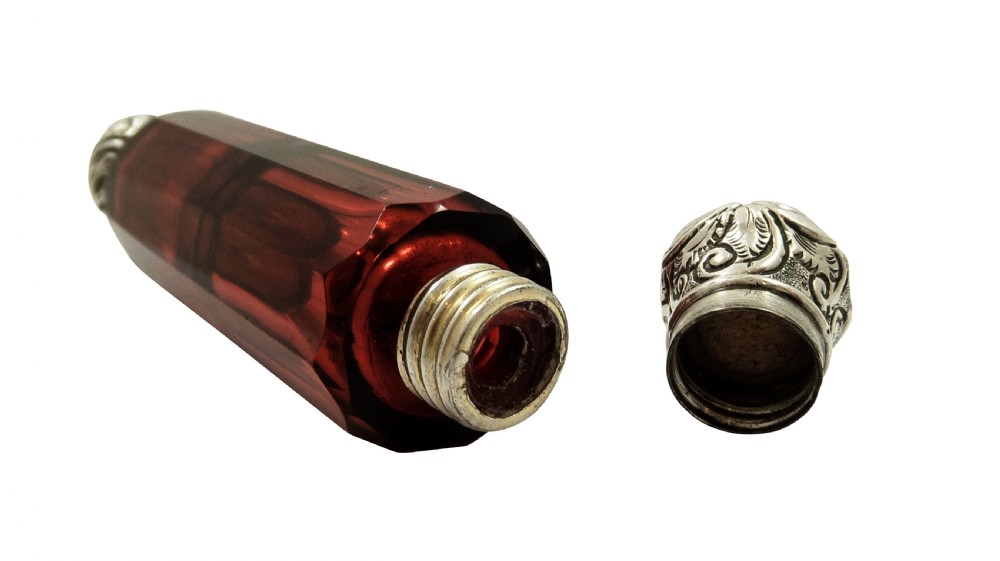Antique Silver & Cranberry Glass Double End Perfume / Scent Bottle c1890 View II