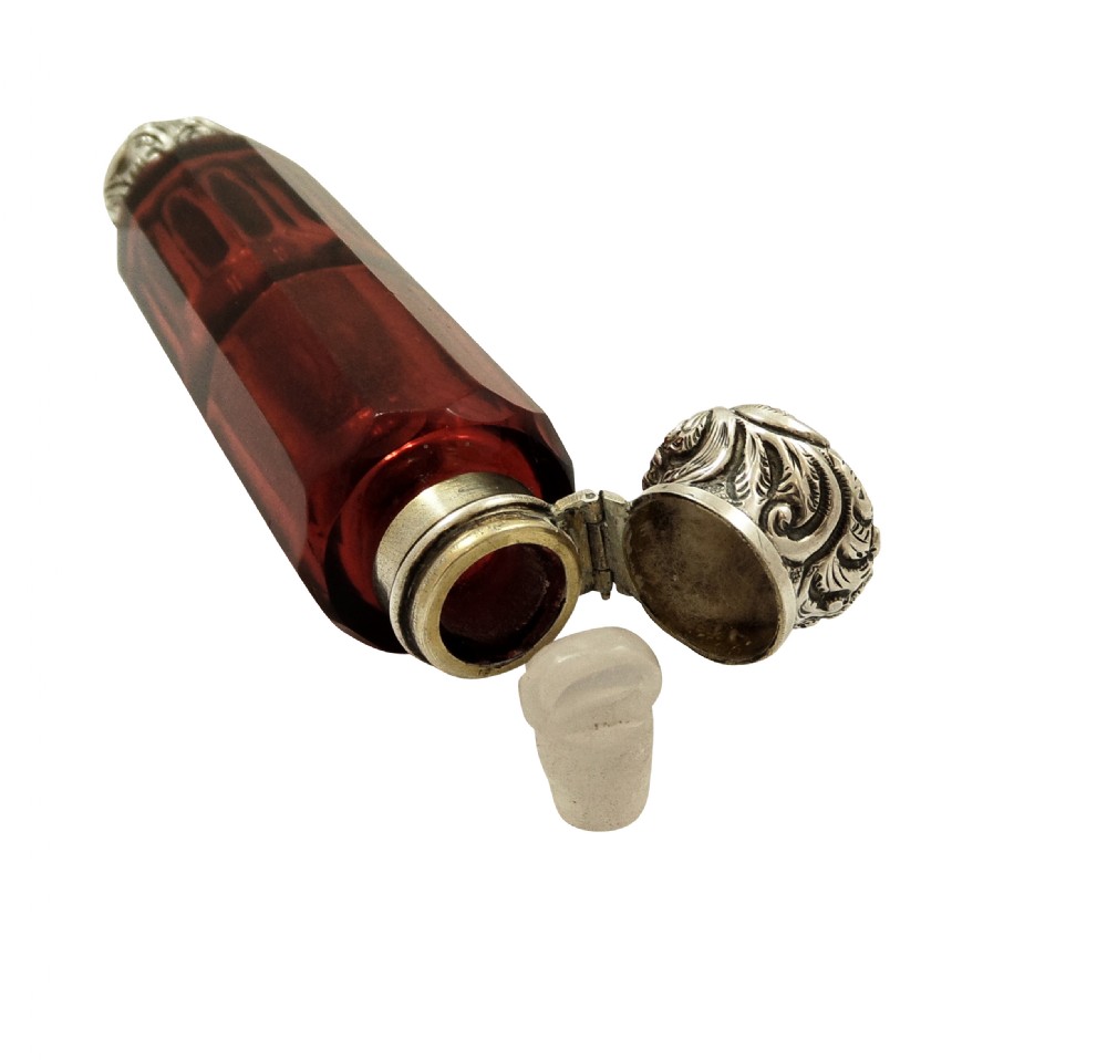 Antique Silver & Cranberry Glass Double End Perfume / Scent Bottle c1890 View IV