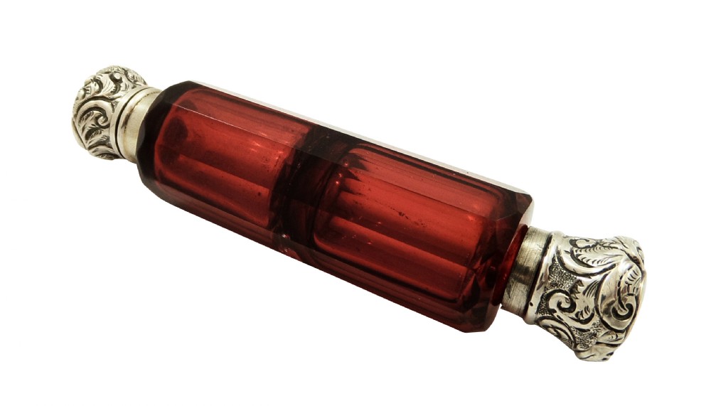 Antique Silver & Cranberry Glass Double End Perfume / Scent Bottle c1890 View VI