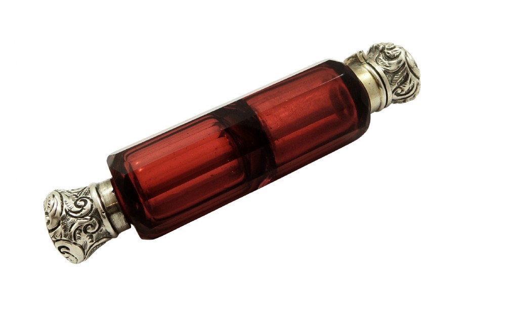 Antique Silver & Cranberry Glass Double End Perfume / Scent Bottle c1890 View X