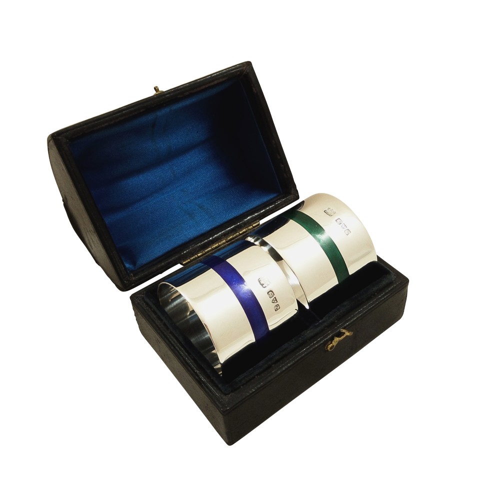 Pair of Antique Silver & Enamel Napkin Rings in Case 1913