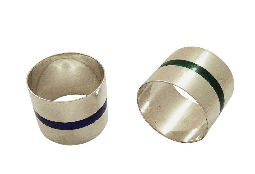 Pair of Antique Silver & Enamel Napkin Rings in Case 1913 View II
