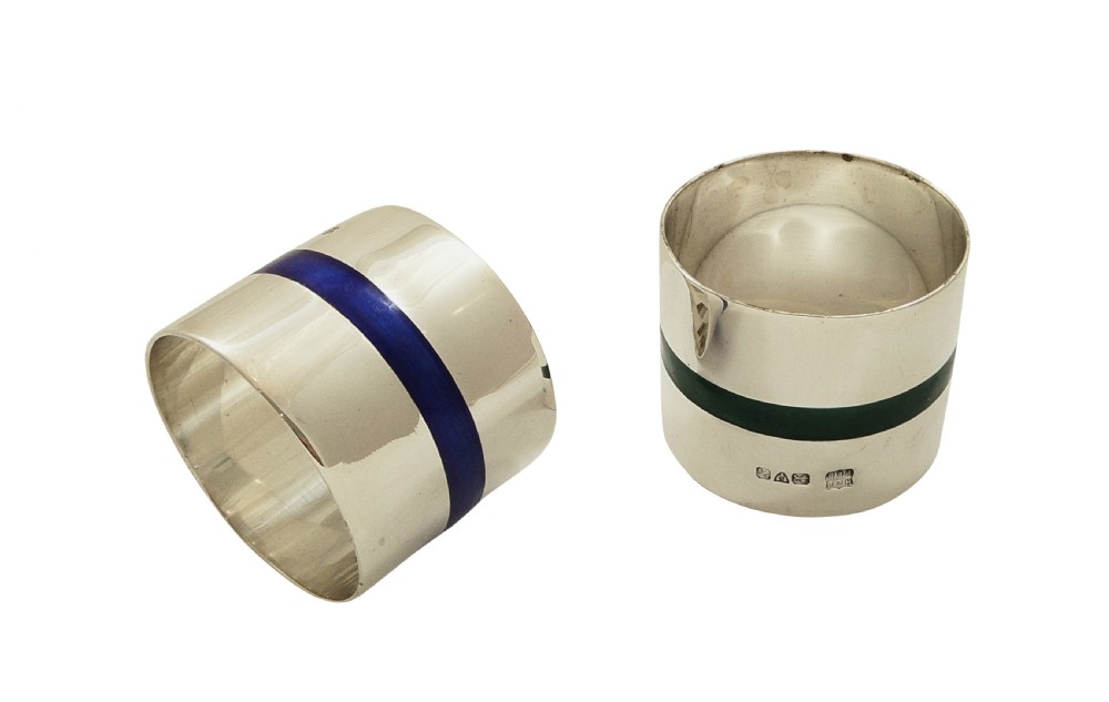 Pair of Antique Silver & Enamel Napkin Rings in Case 1913 View VIII