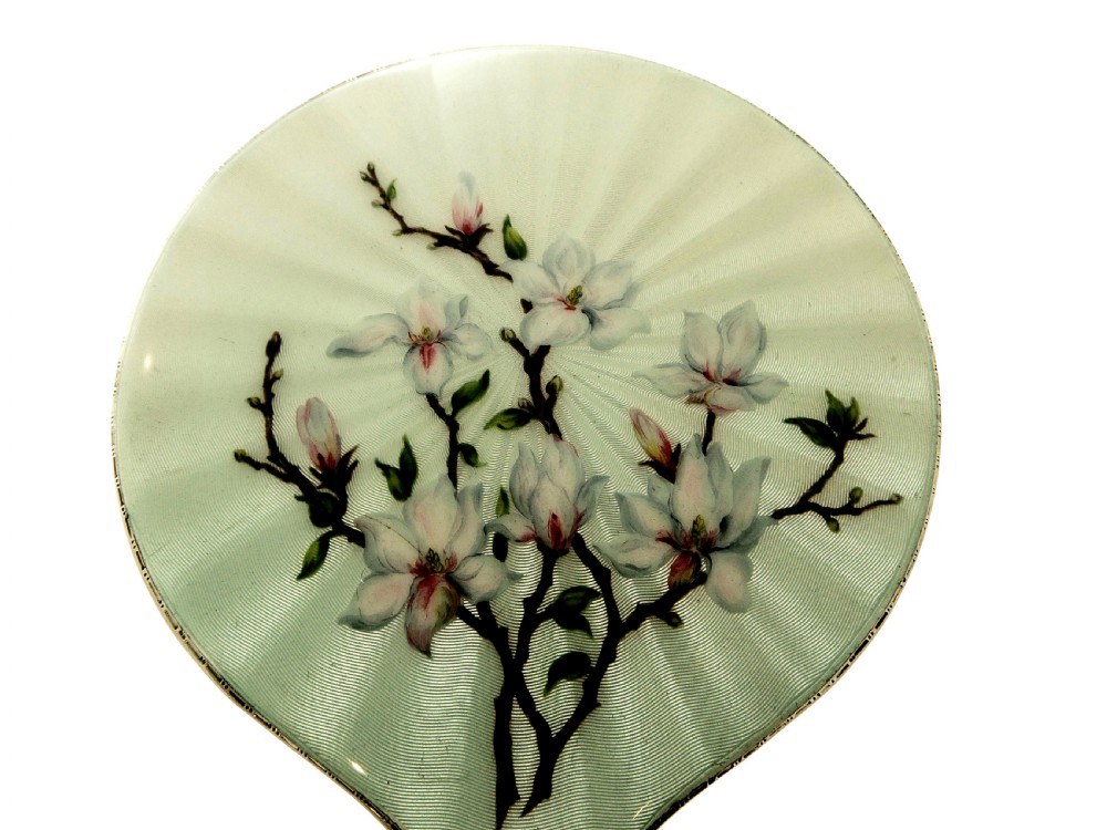 Vintage Sterling Silver & Hand Painted Japonica Enamel Hand Mirror  View V