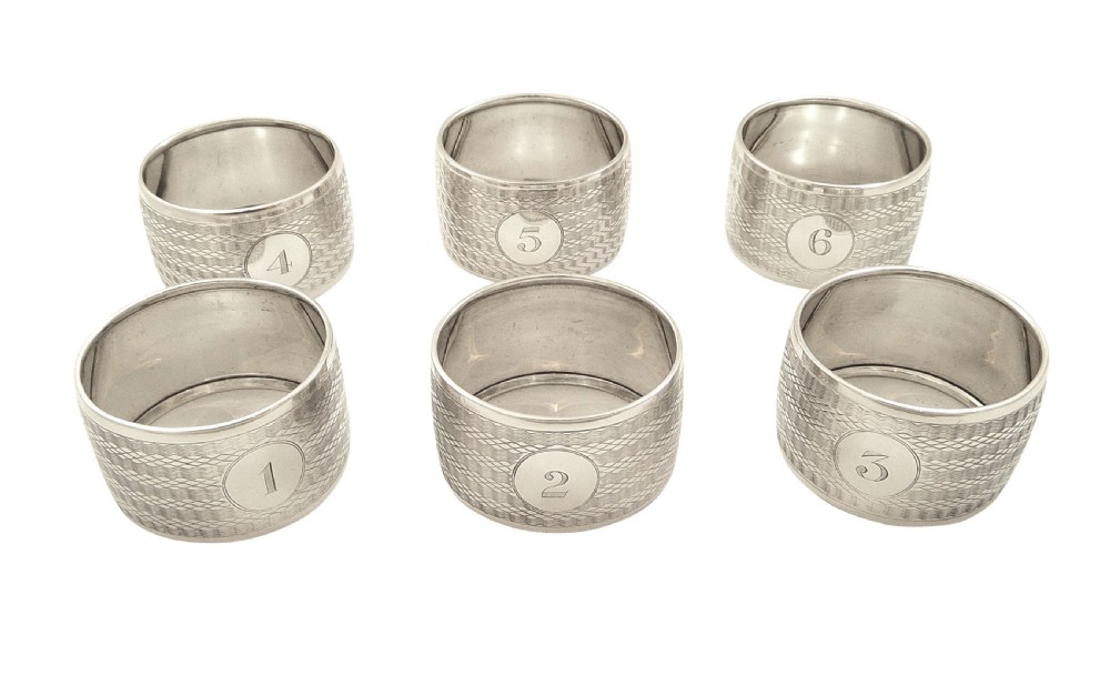 Set of 6 Antique Edwardian Sterling Silver Napkin Rings in Case 1910 View VI