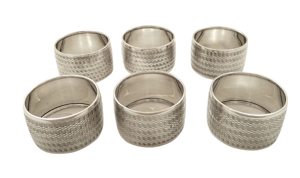 Set of 6 Antique Edwardian Sterling Silver Napkin Rings in Case 1910 View VII