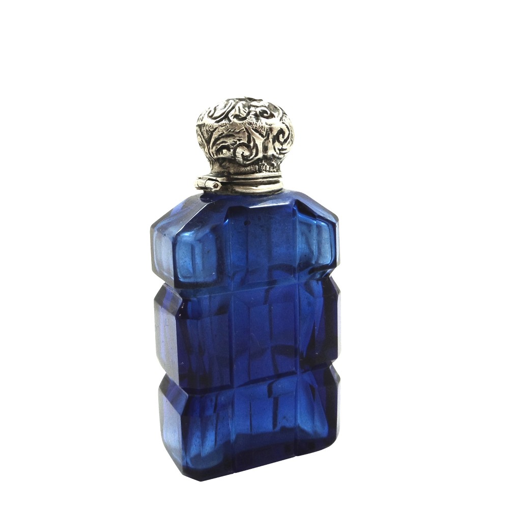 Antique Victorian Silver & Blue Cut Glass Perfume / Scent Bottle c1880