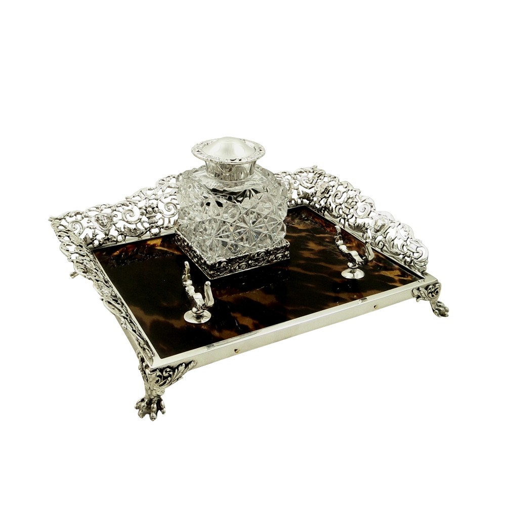 Antique Victorian Sterling Silver & Tortoiseshell Inkstand 1899