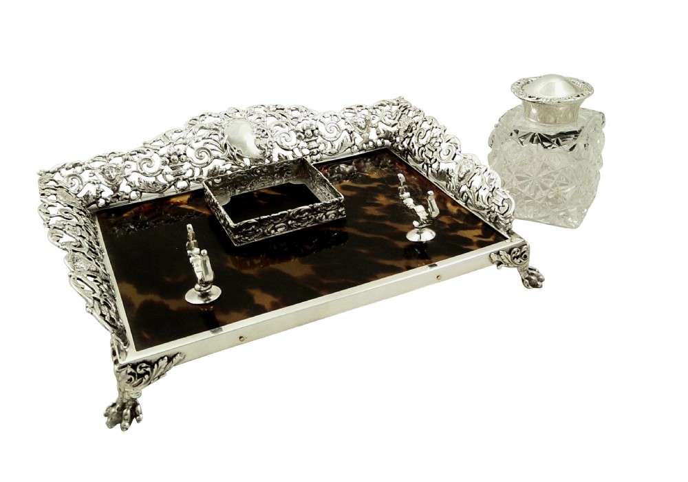 Antique Victorian Sterling Silver & Tortoiseshell Inkstand 1899 View III