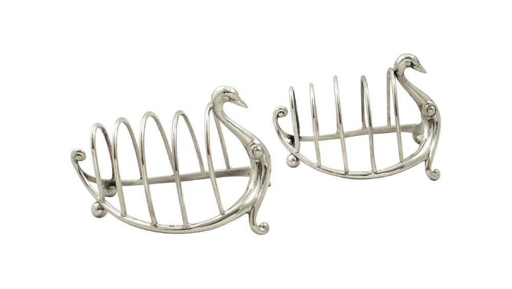 Pair of Antique Victorian Sterling Silver Swan Toast Racks 1899 View IV