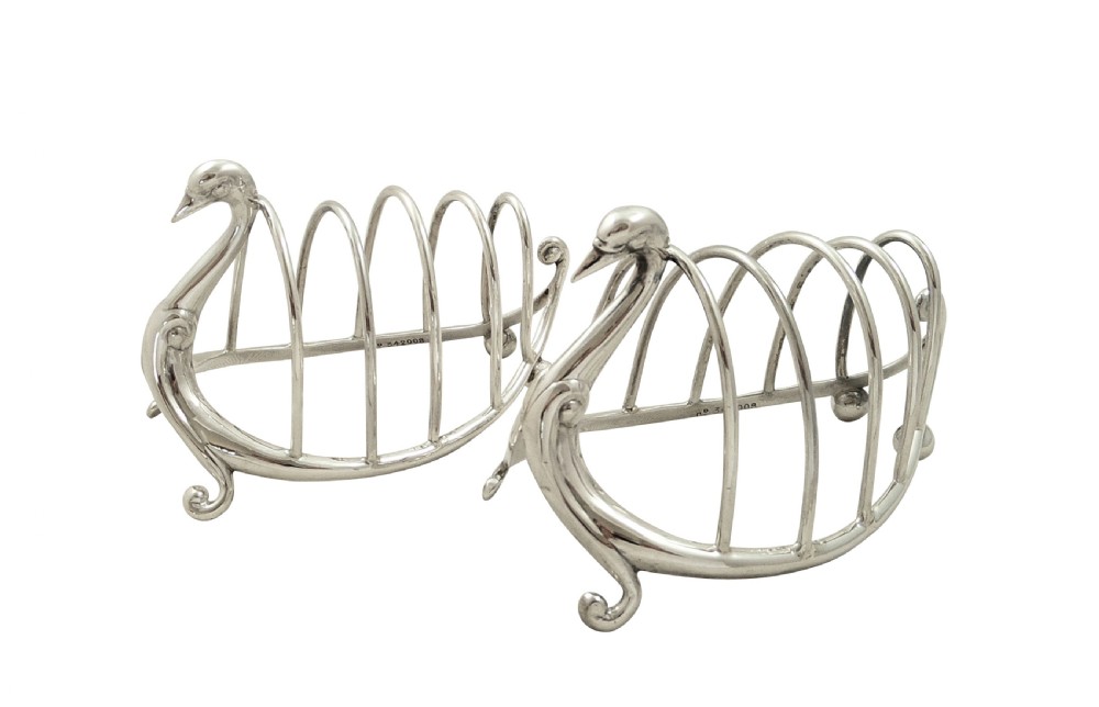 Pair of Antique Victorian Sterling Silver Swan Toast Racks 1899 View V