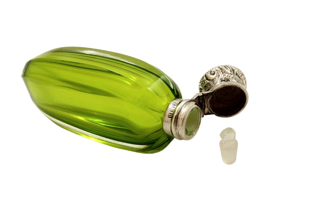 Antique Sterling Silver & Green Glass Perfume / Scent Bottle 1912 View II