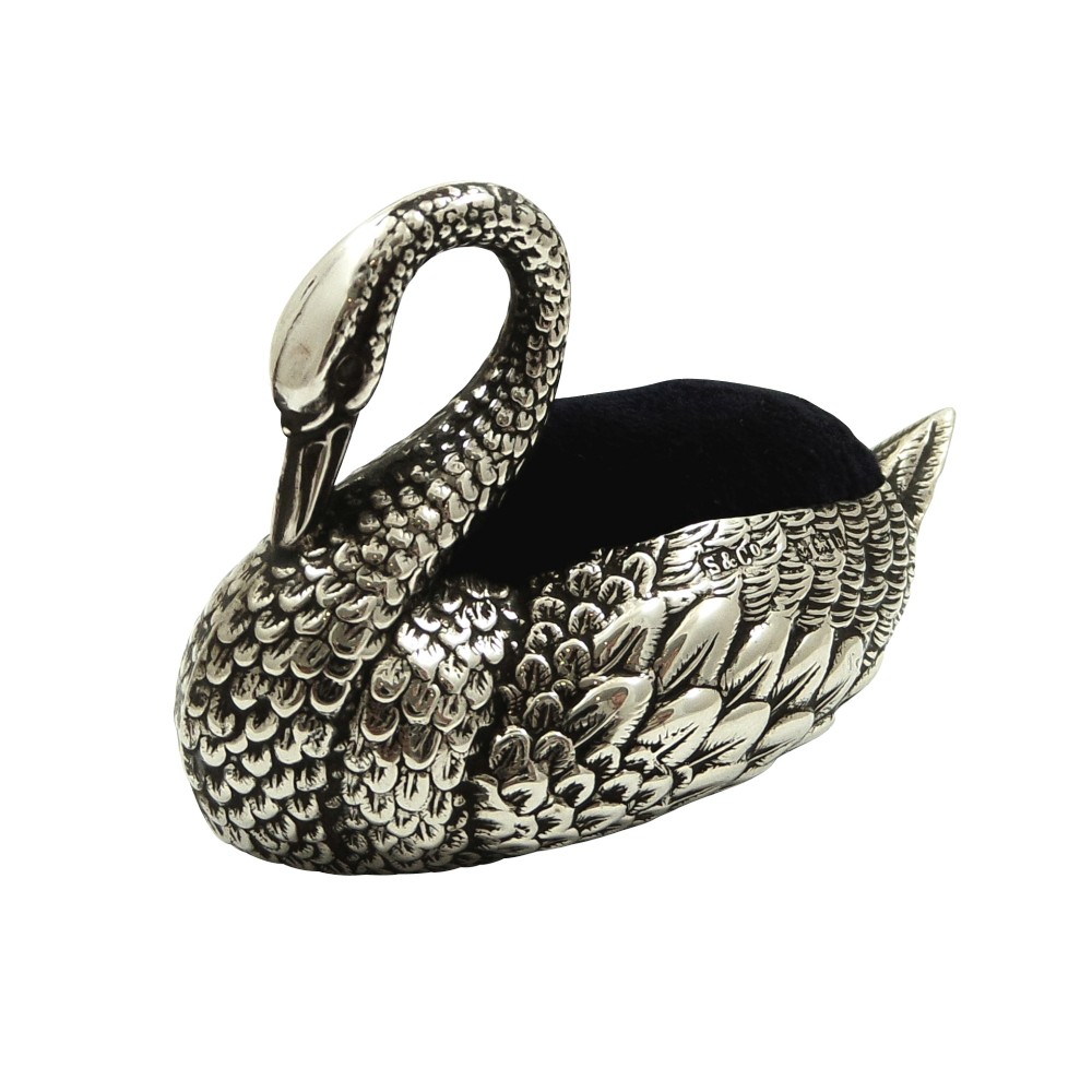 Antique Edwardian Sterling Silver Swan Pin Cushion 1907