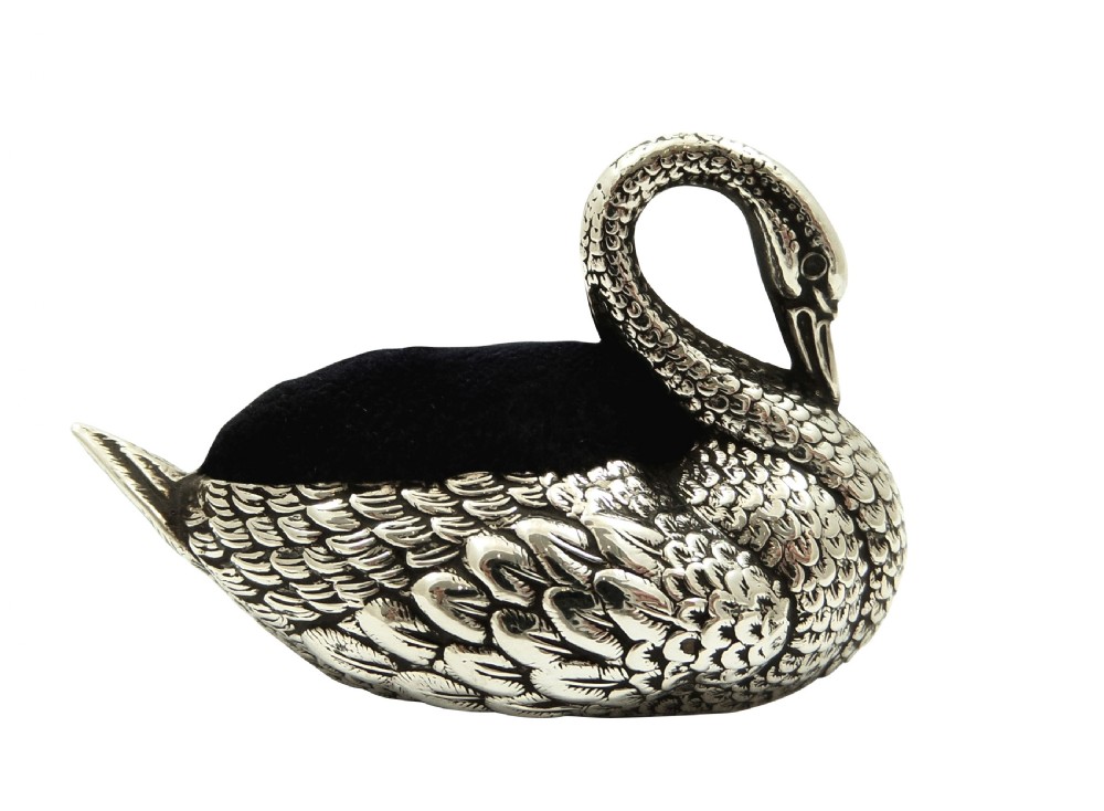Antique Edwardian Sterling Silver Swan Pin Cushion 1907 View IX