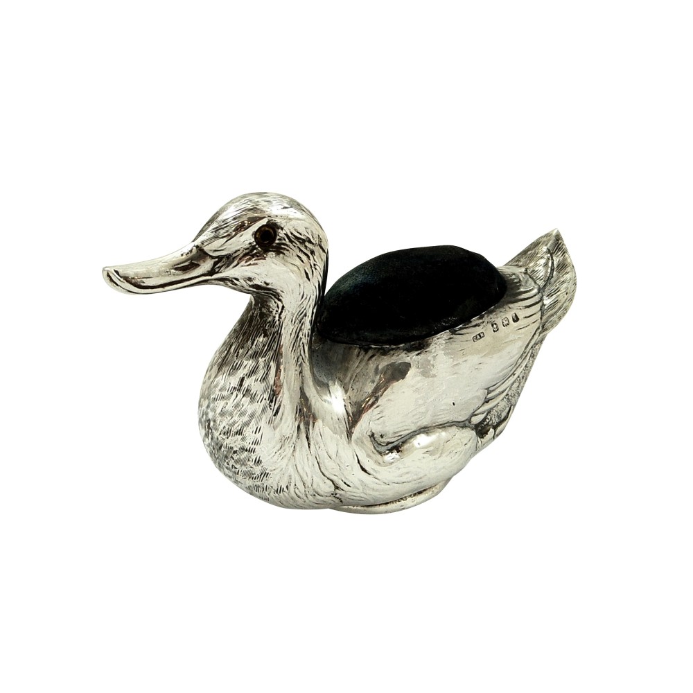 Large  Antique Sterling Silver Duck Pin Cushion 1915
