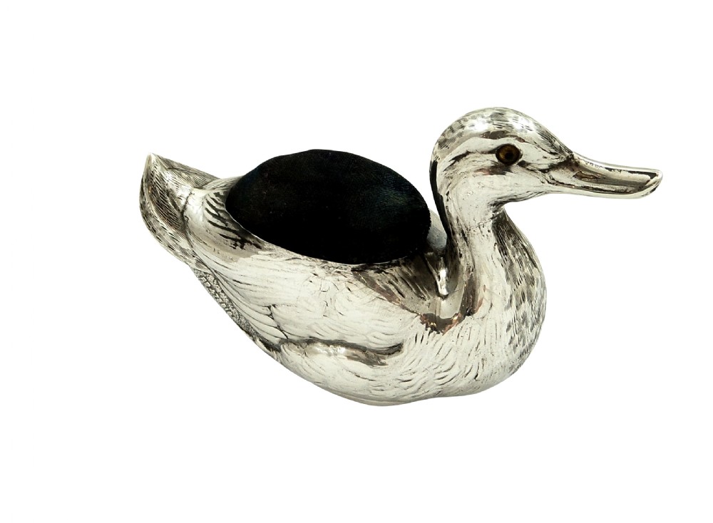 Large  Antique Sterling Silver Duck Pin Cushion 1915 View IX